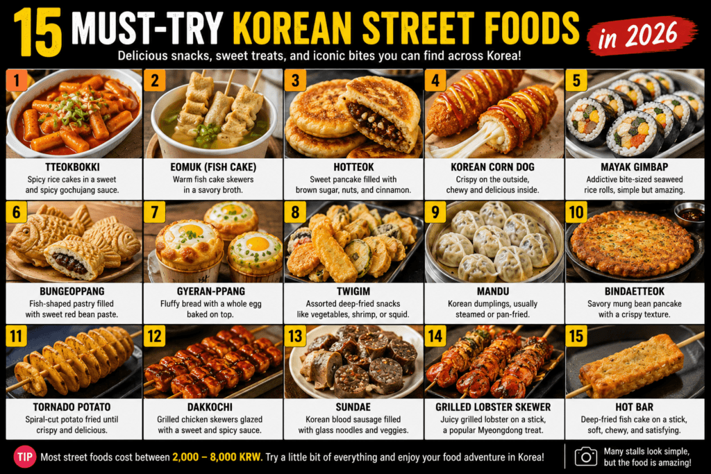 Fifteen must try Korean street foods including tteokbokki hotteok corn dogs dumplings and fish cakes