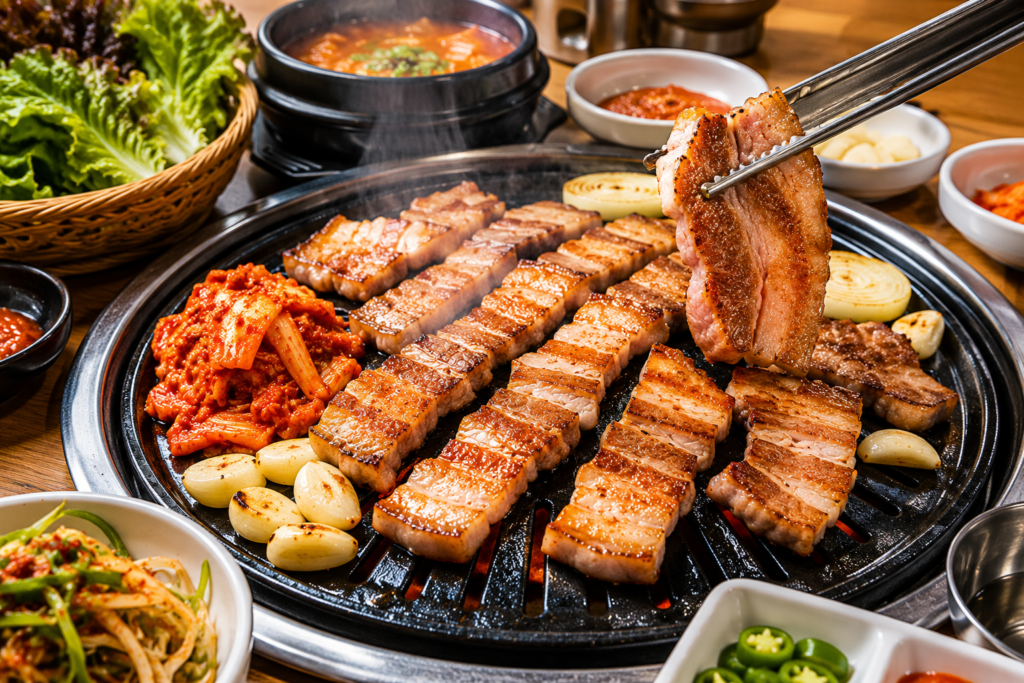 Korean BBQ pork belly grilled at the table