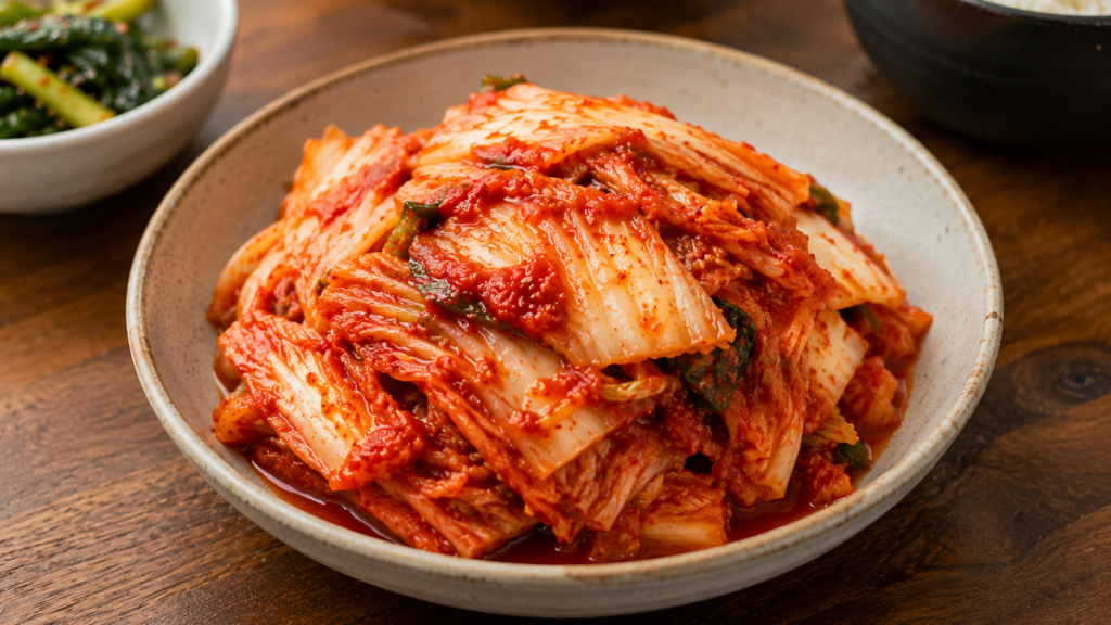 Traditional Korean kimchi served as a side dish in Korea