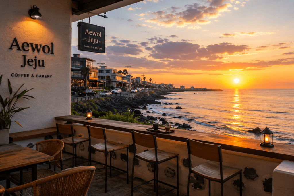Ocean-view cafe overlooking the sunset in Aewol Jeju