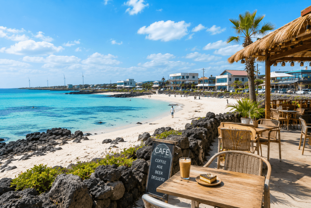 Aewol and Hyeopjae Beach Area in West Jeju Ocean-view cafe and clear beach scenery in western Jeju near Aewol and Hyeopjae