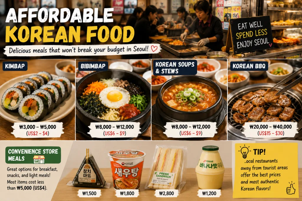 Affordable Korean food including kimbap bibimbap and soups in Seoul