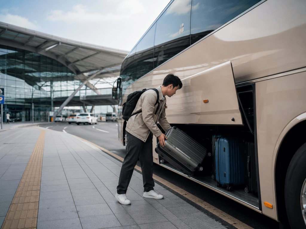 Traveler loading a suitcase into an airport bus luggage compartment in Korea