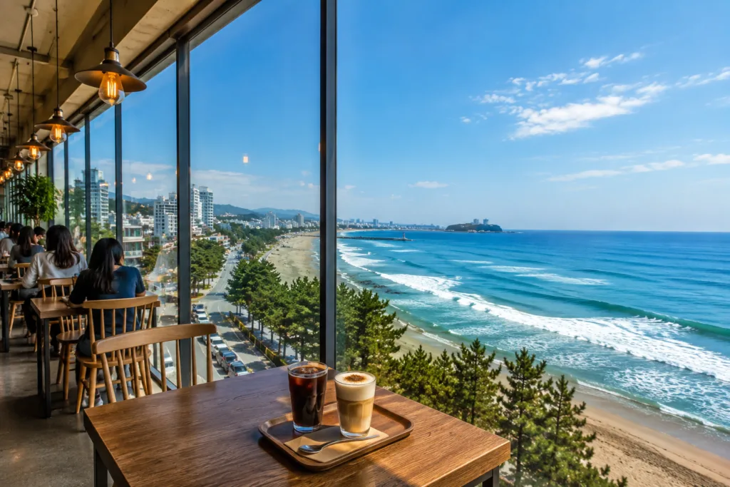 Ocean view cafe overlooking Anmok Coffee Street in Gangneung
