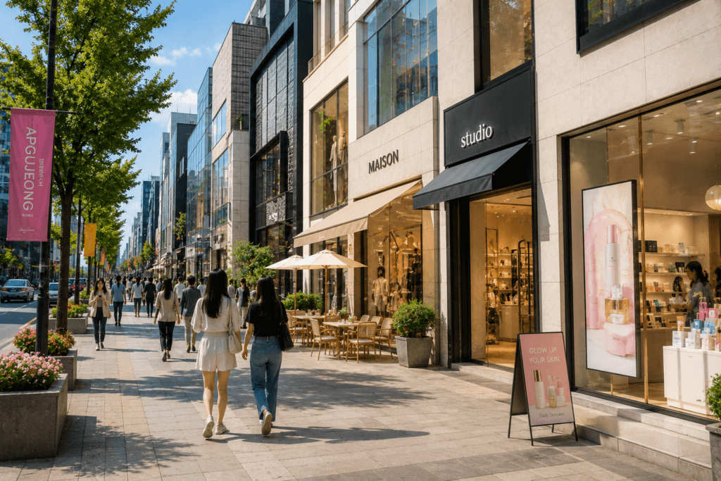 Stylish shopping street in Apgujeong and Cheongdam with beauty shops, cafes and pedestrians