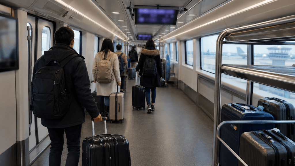 Travelers carrying luggage inside a spacious airport train connecting Incheon Airport and Seoul