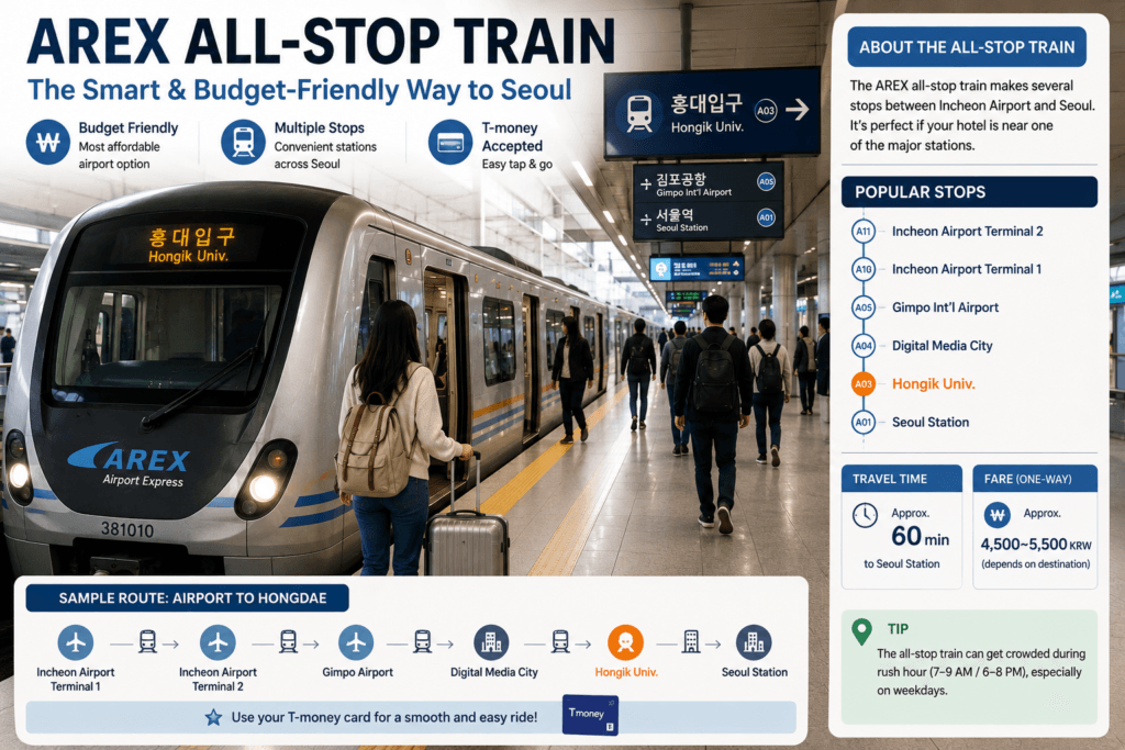 AREX All-Stop Train AREX All-Stop Train route from Incheon Airport to Hongdae, Gimpo Airport, and Seoul Station