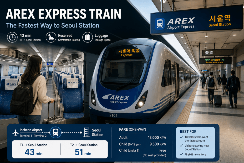AREX Express Train AREX Express Train from Incheon Airport to Seoul Station with travel information and route details