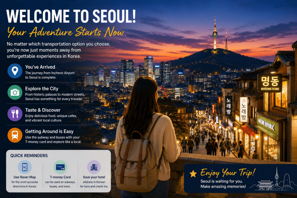 Welcome to Seoul Traveler arriving in Seoul after leaving Incheon Airport and beginning a Korea trip