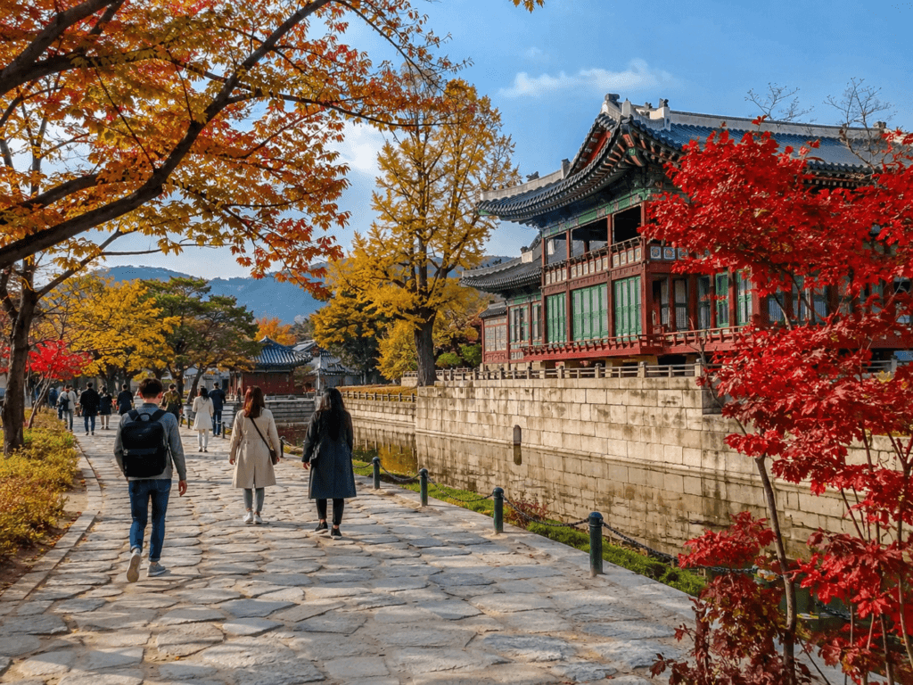 Autumn in Korea Palace Foliage Autumn in Korea with colorful fall foliage, palace walls, traditional architecture, and travelers walking along a stone path