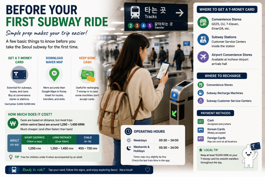 Traveler preparing for a first Seoul subway ride with a T-money card and navigation apps