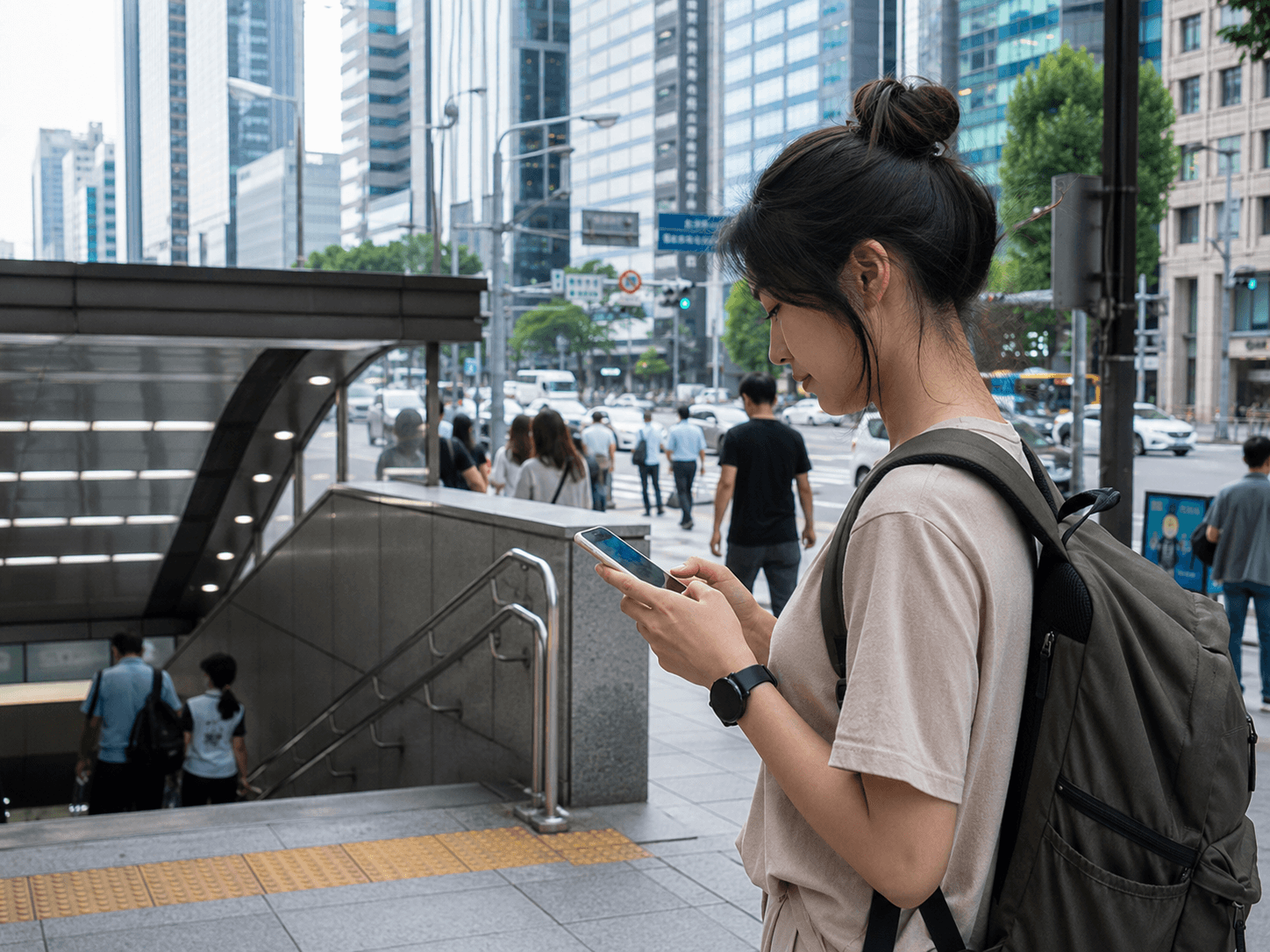 Traveler using a smartphone for navigation near a subway entrance in Seoul