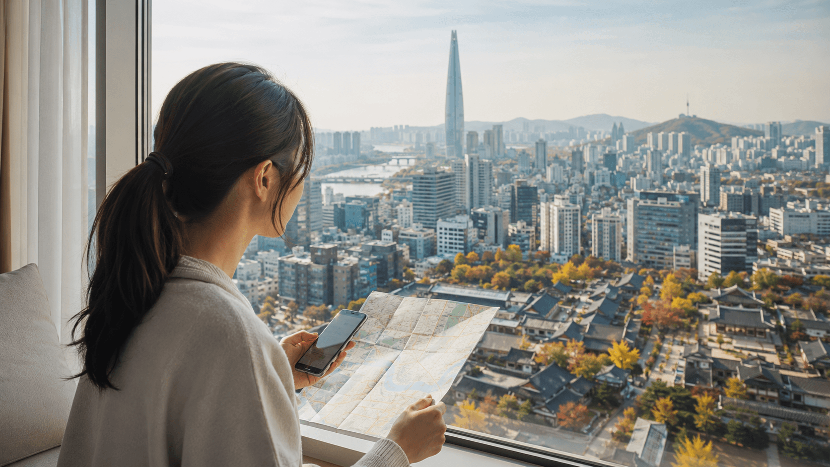 Traveler planning where to stay in Seoul while looking at a city view and map