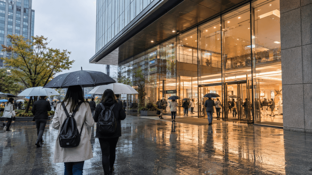Umbrellas outside a modern Seoul shopping mall on a rainy day