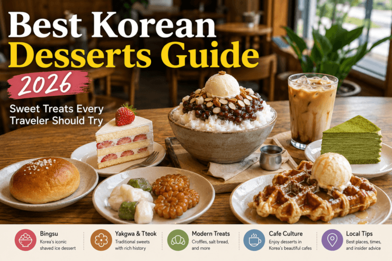Best Korean Desserts Guide 2026 featuring bingsu croffles yakgwa tteok and Korean cafe culture