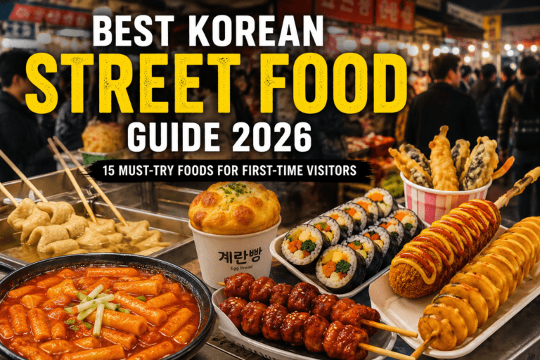 Best Korean Street Food Guide 2026 featuring popular Korean market foods and snacks
