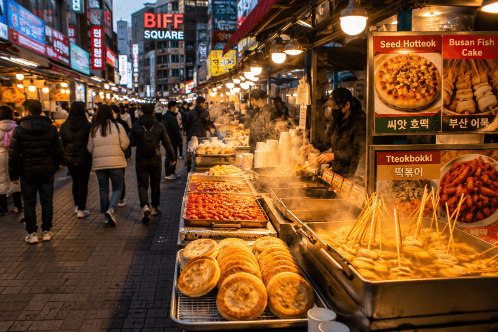 Jagalchi Market in Busan with live seafood tanks, vendors, local shoppers, and lively seafood market atmosphere