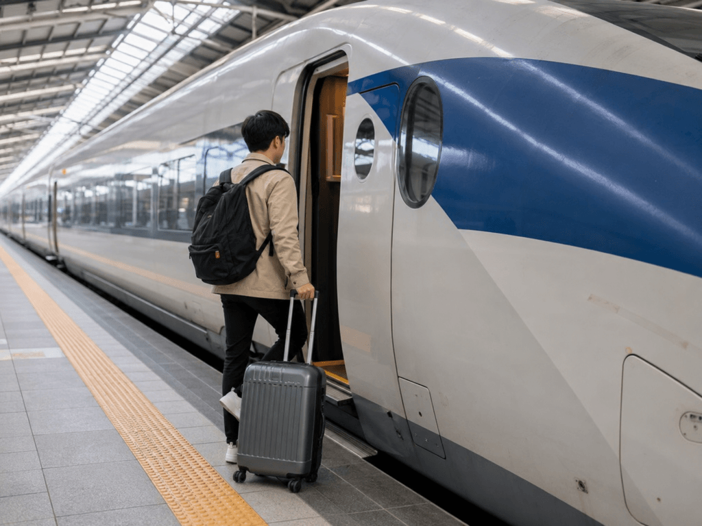 Traveler boarding a KTX-style train with luggage in South Korea