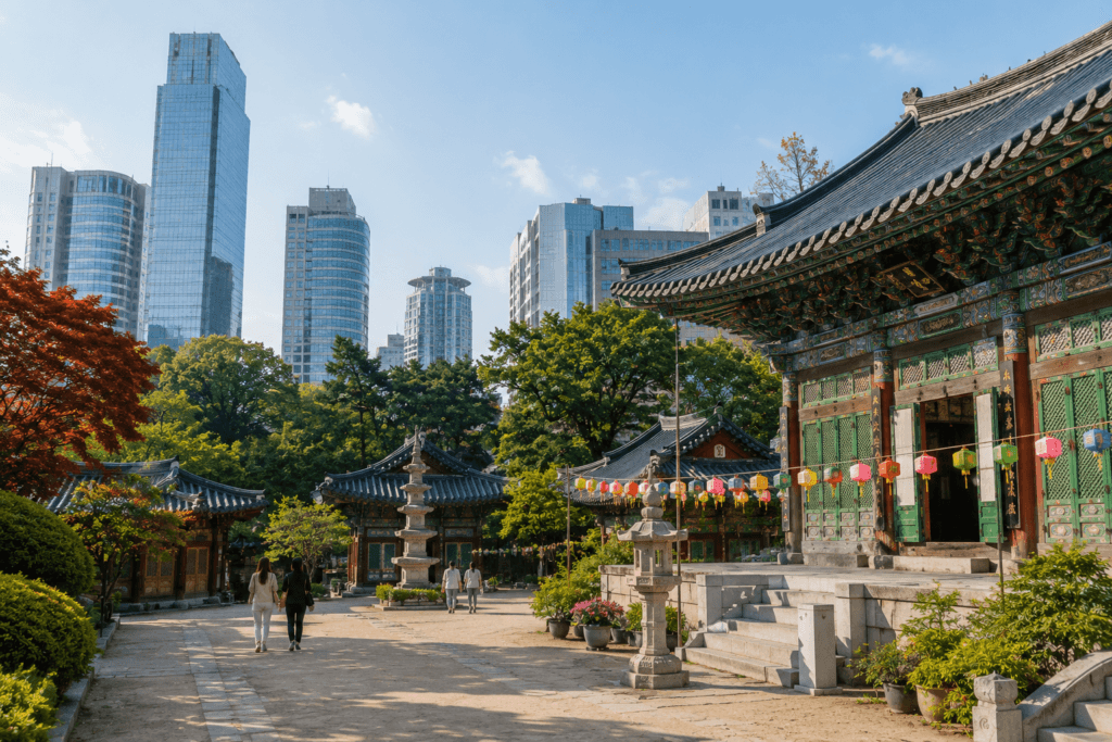 Bongeunsa Temple in Gangnam with traditional Korean architecture and modern Seoul skyscrapers