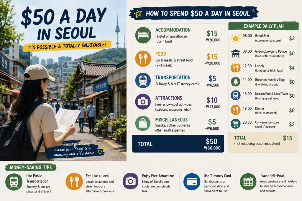 Budget traveler exploring Seoul using affordable transportation and local food