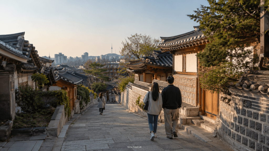 Free Walking Route Through Bukchon Hanok Village Travelers walking through a quiet Bukchon Hanok Village alley with traditional rooftops and Seoul skyline views