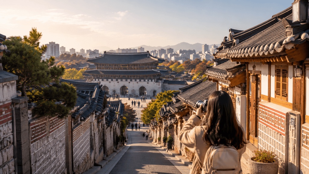 Bukchon Hanok Village and Gyeongbokgung Palace Bukchon Hanok Village and Gyeongbokgung Palace view in Seoul with a traveler taking photos