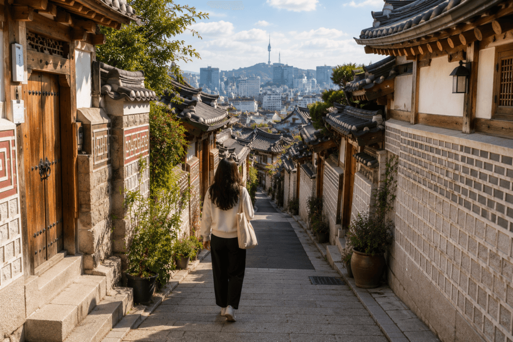 Traveler walking quietly through a traditional alley in Bukchon Hanok Village