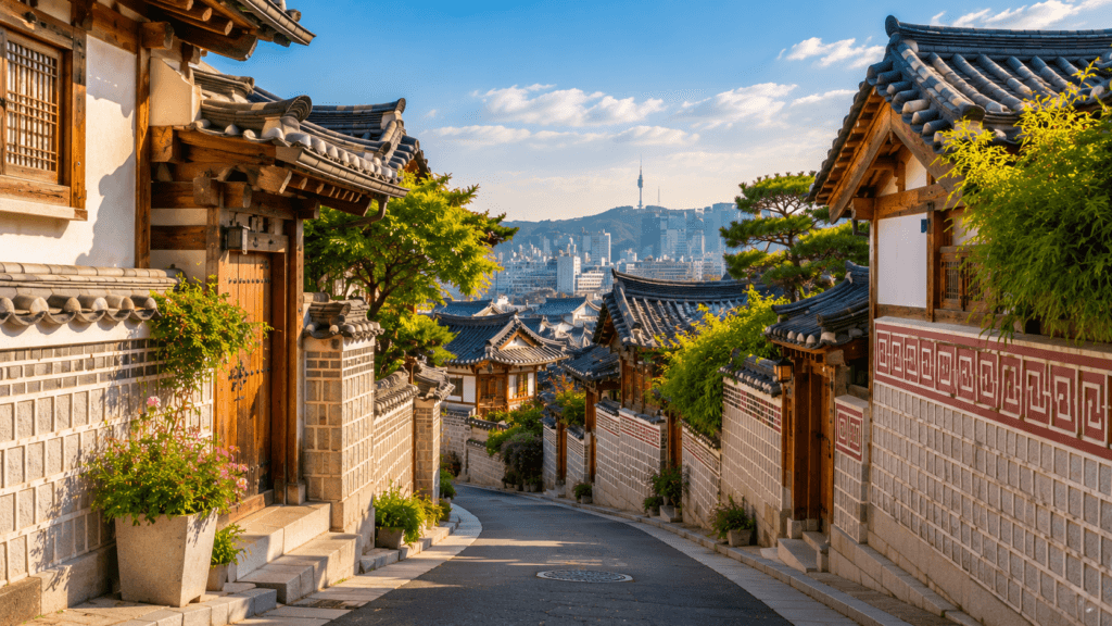 Quiet narrow alley in Bukchon Hanok Village with traditional Korean houses and city views