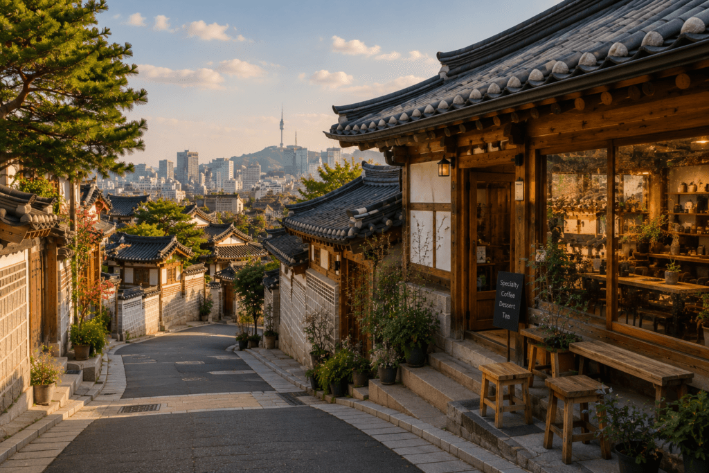 Traditional hanok street near Bukchon and Samcheong-dong with warm afternoon light
