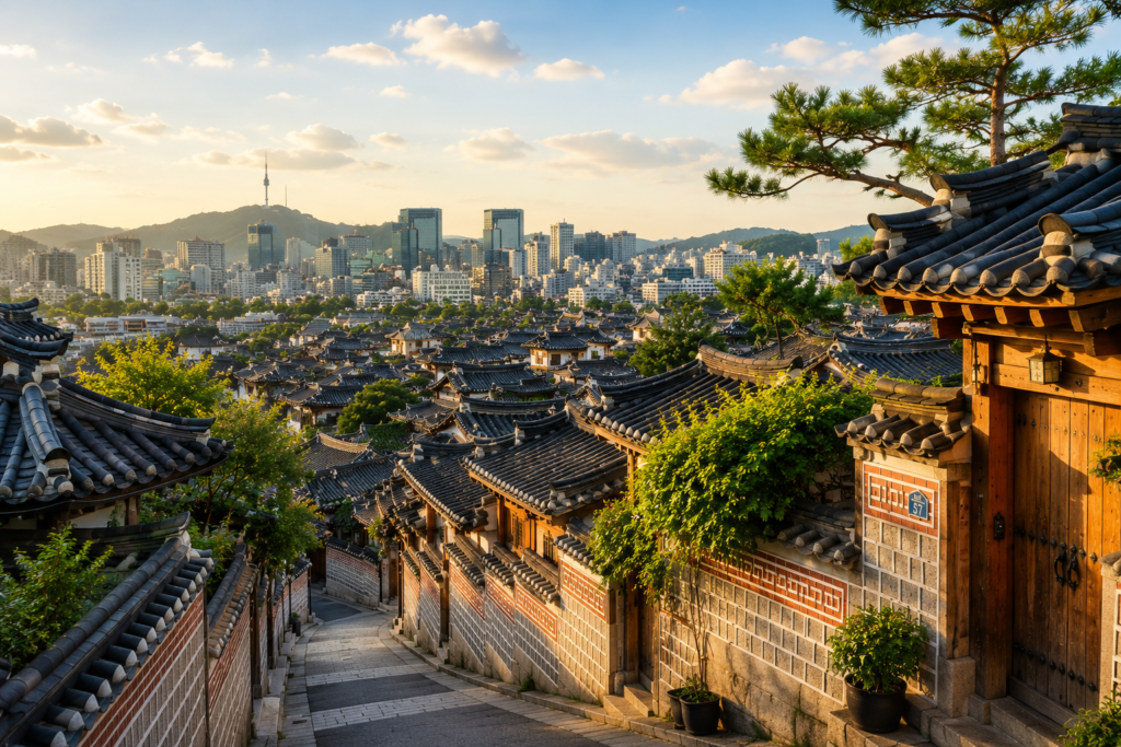 Bukchon Hanok Village rooftops with Seoul skyline at golden hour