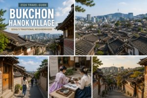 Bukchon Hanok Village with traditional Korean houses and Seoul skyline