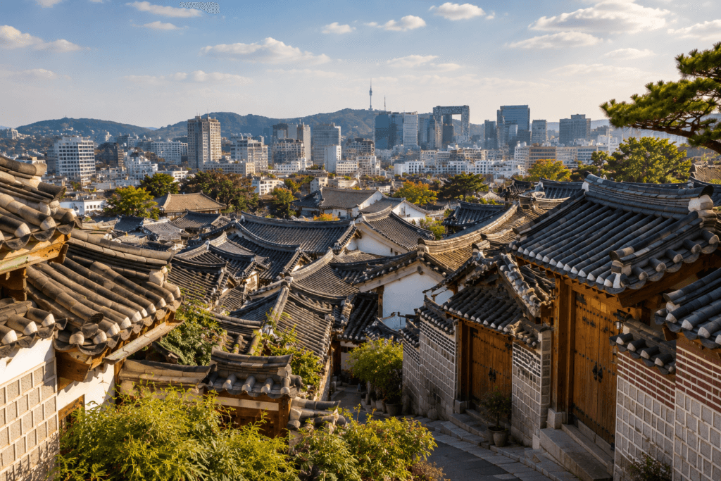 Elevated viewpoint over Bukchon Hanok Village rooftops and modern Seoul skyline