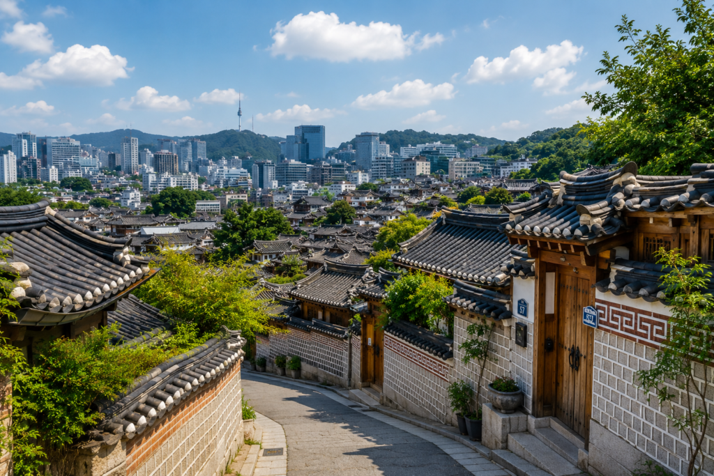 Panoramic view of Bukchon Hanok Village and Seoul skyline