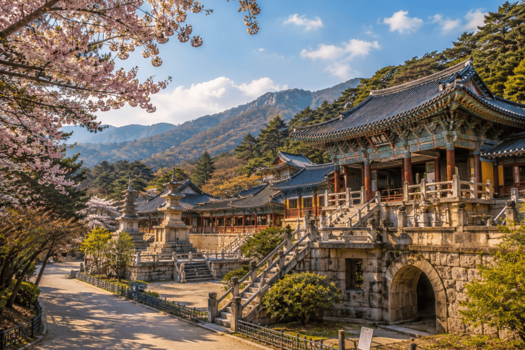 Bulguksa Temple in Gyeongju surrounded by mountains and cherry blossoms