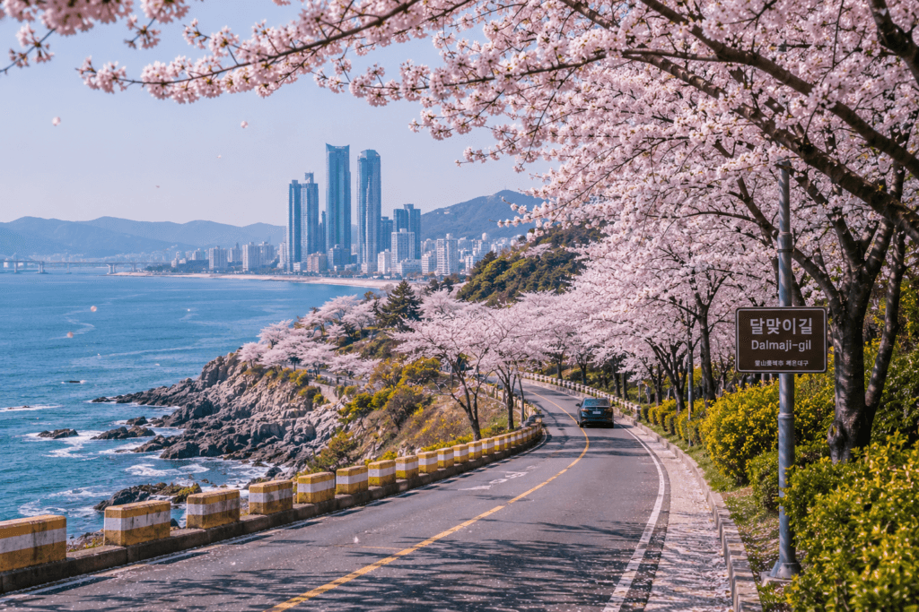 Cherry blossom road overlooking the coastline in Busan during spring