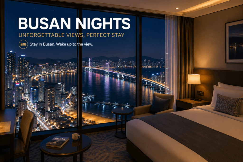 A Memorable Stay in Busan Luxury hotel room overlooking Busan skyline and Gwangan Bridge at night