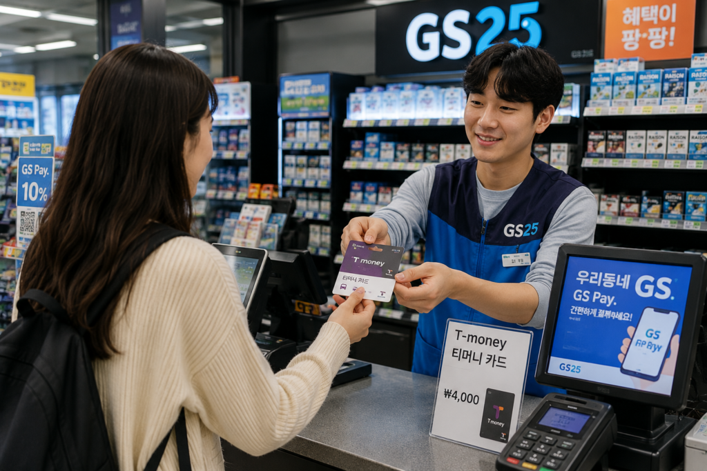 Tourist purchasing a T-money card at a GS25 convenience store in Korea