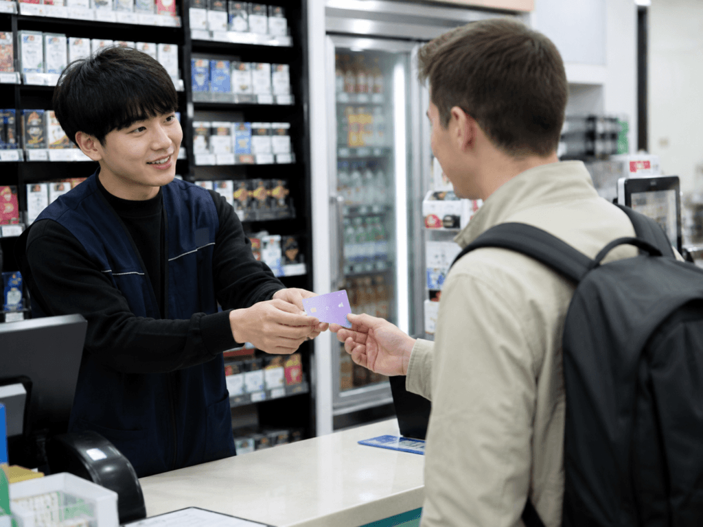 Traveler buying a transportation card at a convenience store in South Korea
