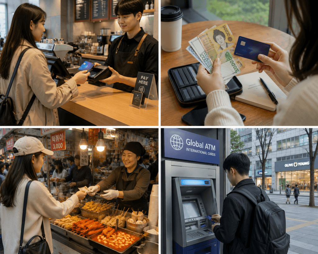 Collage showing card payment, Korean won cash, street food cash payment, and ATM use in Korea