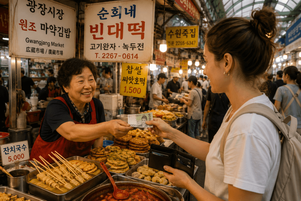 Tourist paying cash at a traditional market food stall in South Korea