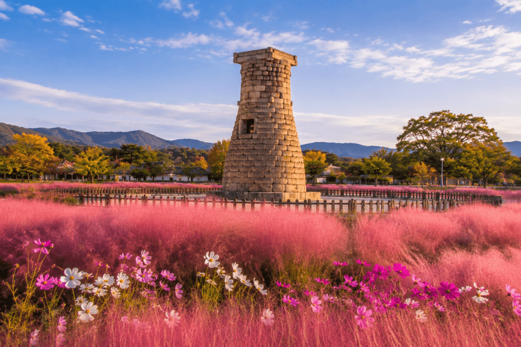 Pink muhly grass and seasonal flowers near Cheomseongdae Observatory