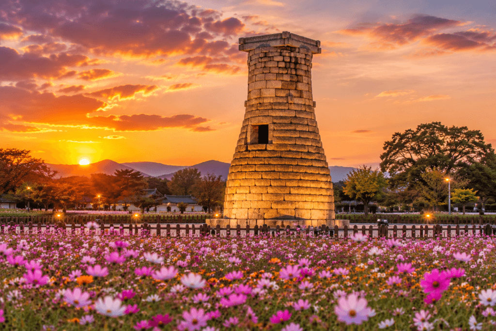 Cheomseongdae Observatory surrounded by colorful flowers at sunset in Gyeongju