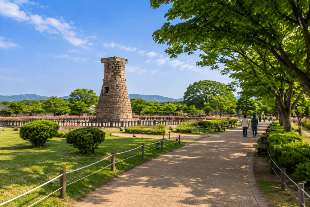Walking path and park surrounding Cheomseongdae Observatory in Gyeongju