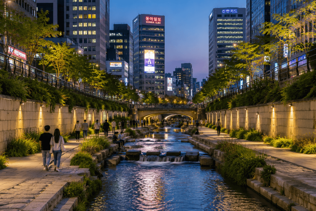 Cheonggyecheon Stream illuminated at night in downtown Seoul