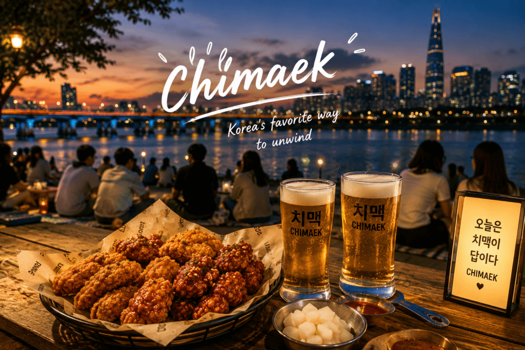 Chimaek experience near the Han River with Korean fried chicken beer and Seoul skyline
