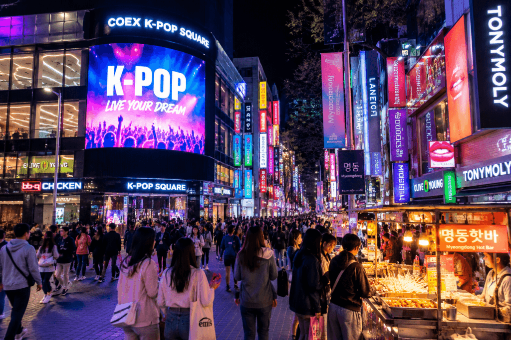 COEX K-pop Square and Myeongdong Night Scene Neon night scene in Seoul with COEX K-pop Square style screens, Myeongdong shopping streets and street food