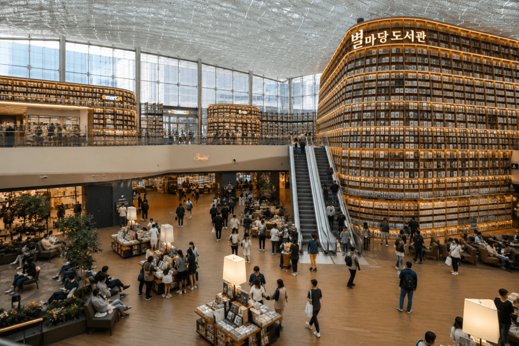 Modern indoor library and shopping mall in Gangnam Seoul with tall bookshelves and travelers walking