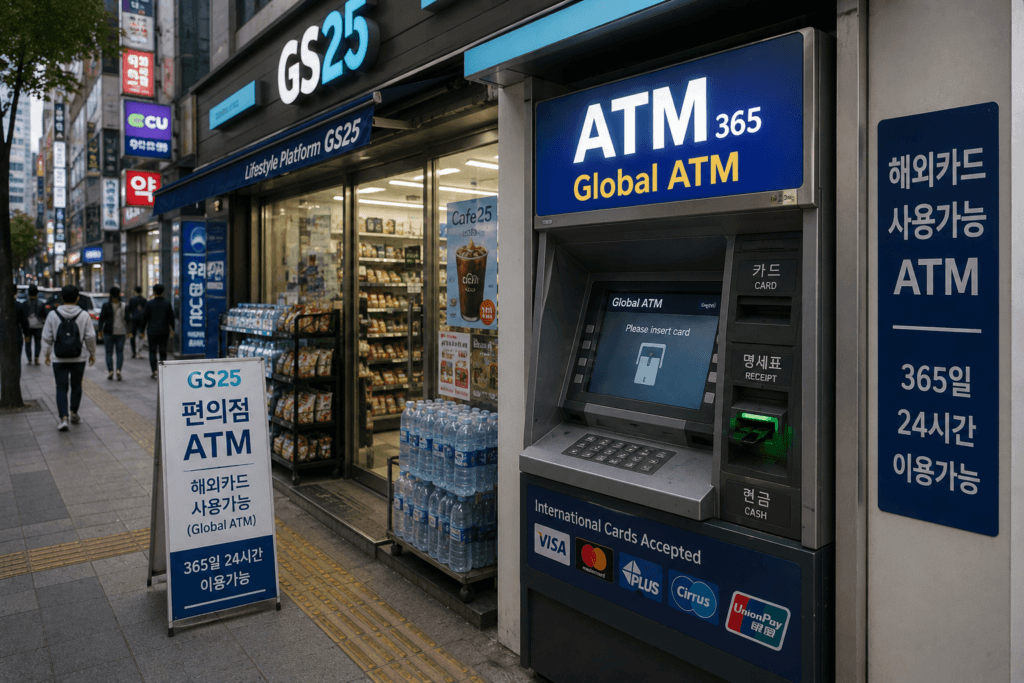 Global ATM outside a convenience store on a Korean city street
