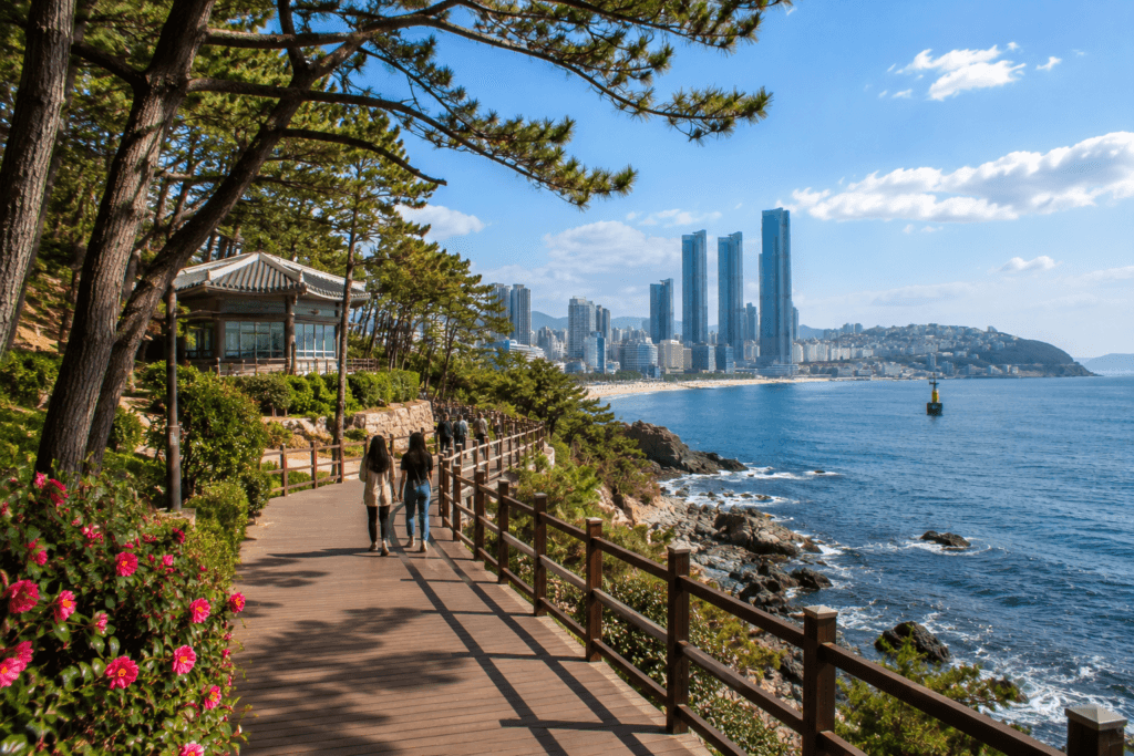 Dongbaekseom coastal walking trail near Haeundae Beach with ocean views, pine trees, and Busan skyline