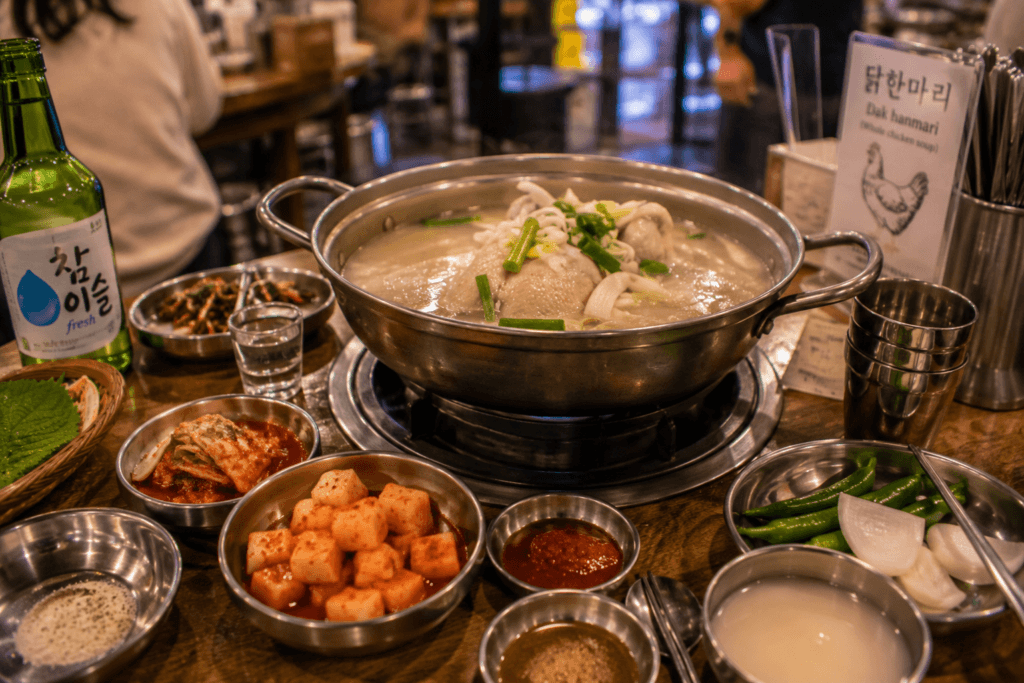 Dakhanmari-style Korean chicken soup dinner near Dongdaemun with side dishes
